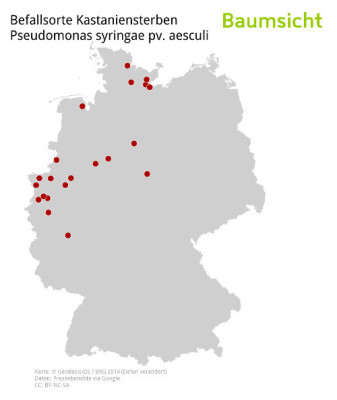 Die Karte zeigt die derzeitige Ausbreitung von Pseudomonas an Kastanie anhand von Medienberichten.